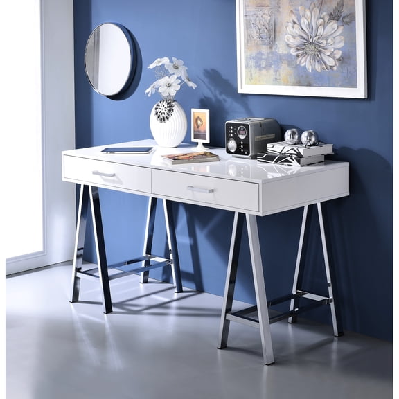 Rectangular Study Desk | USB Plug for Device Power, Two Storage Drawers | Sturdy Metal Base, White High - Gloss | Suits Modern Spaces