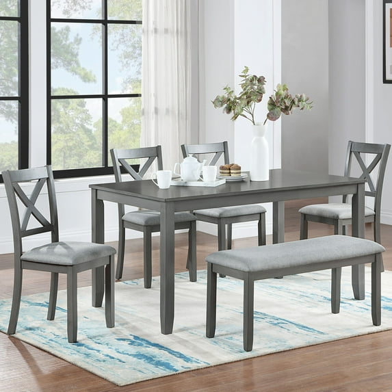 Rectangular Sturdy Wood Dining Table Set with 6-Piece Dining Set, 4 Upholstered Chairs & Bench, Space-Saving Design for Family Meals in Home or Kitchen