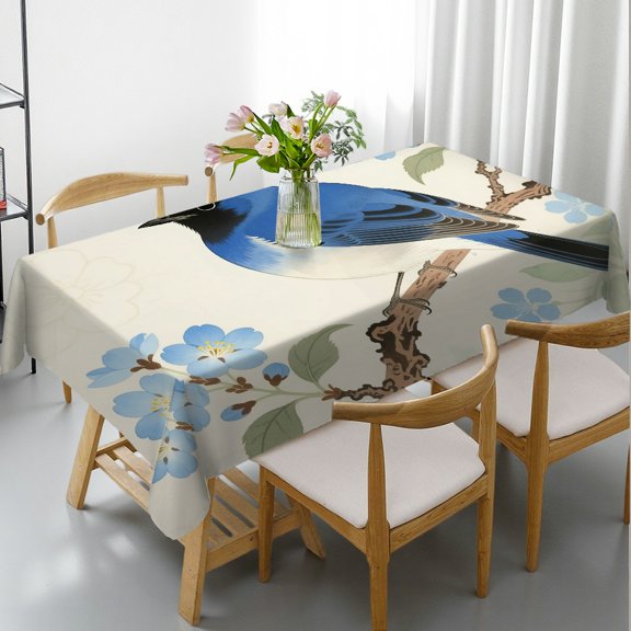 Rectangular Tablecloth - Abstract Navy Blue Birds on Blossom Floral Tree Print, Festive Table Setting Machine-Made Tablecloths rectangle , Cafe, dinner, picnic, party