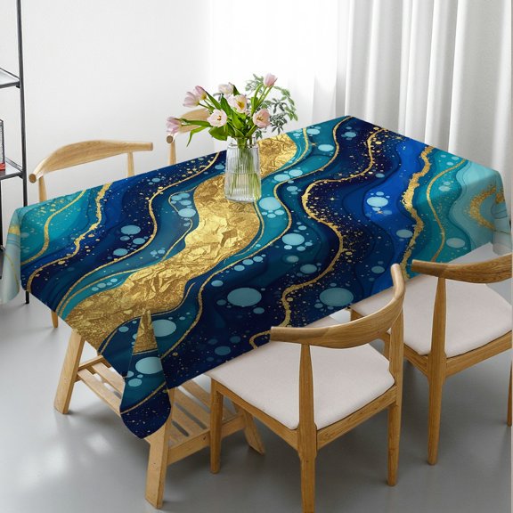Rectangular Tablecloth - Abstract Navy Blue Turquoise Marble Print, Holiday Party Tablecloth Polyester Tablecloths Tablecloths rectangle , Cafe, dinner, picnic