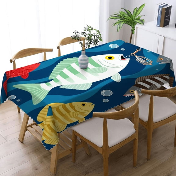 Rectangular Tablecloth - Bass Fish Fishing Print, Machine-Made Holiday-Themed Design Tablecloths rectangle , Cafe, dinner, brunch, buffet, picnic