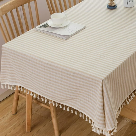 Rectangular Tablecloth Beige Striped Cloth Tablecloths with Tassels Rustic Fall Table Cloth Rectangle Table Cover (Beige,70"x55",Rectangular)