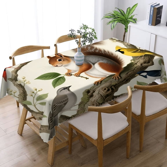 Rectangular Tablecloth - Bird Squirrel Print, Holiday Party Tablecloth Machine-Made Tablecloths for dining table, Cafe, dinner, brunch, buffet, picnic