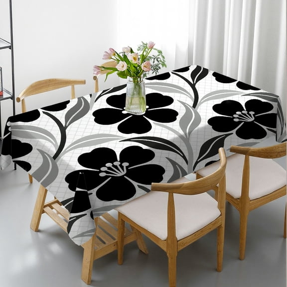 Rectangular Tablecloth - Black Grey Gray Flower Print, Festive Table Setting Machine-Made Tablecloths rectangle , Cafe, dinner, picnic,