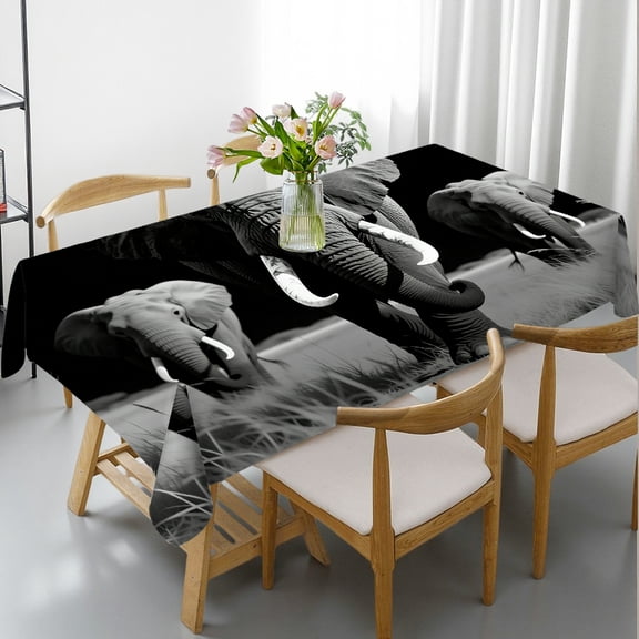 Rectangular Tablecloth - Black White Elephant Print, Polyester Tablecloths Holiday Party Tablecloth Tablecloths rectangle , Cafe, dinner, brunch, buffet, picnic, party