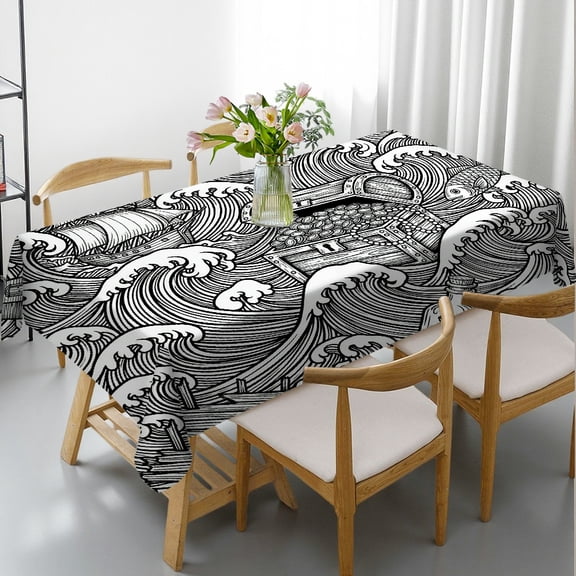 Rectangular Tablecloth - Black & White Line Wave Art Print, Holiday-Themed Design Festive Table Setting Tablecloths for dining table, Cafe, dinner, brunch, buffet, picnic