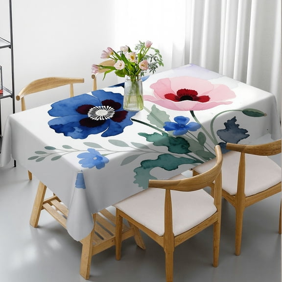 Rectangular Tablecloth - Boho Roses Blue White Print, Holiday Party Tablecloth Polyester Tablecloths Tablecloths rectangle , Cafe, dinner, picnic,