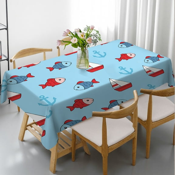 Rectangular Tablecloth - Cartoon sailing boats and fish Print, Festive Table Setting Polyester Tablecloths Tablecloths rectangle tables large size, Cafe, dinner, brunch, buffet, picnic