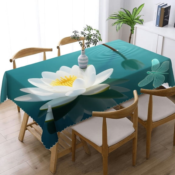 Rectangular Tablecloth - Dragonfly with Water Lily Flowers(1) Print with Lace Trim, Holiday Party Tablecloth Tablecloths for dining table, Cafe, dinner, picnic