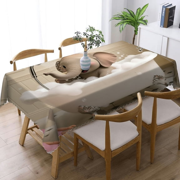 Rectangular Tablecloth - Elephant Bathing in The Bathtub Print, Polyester Tablecloths Festive Table Setting Tablecloths for dining table, Cafe, dinner, brunch, buffet, picnic