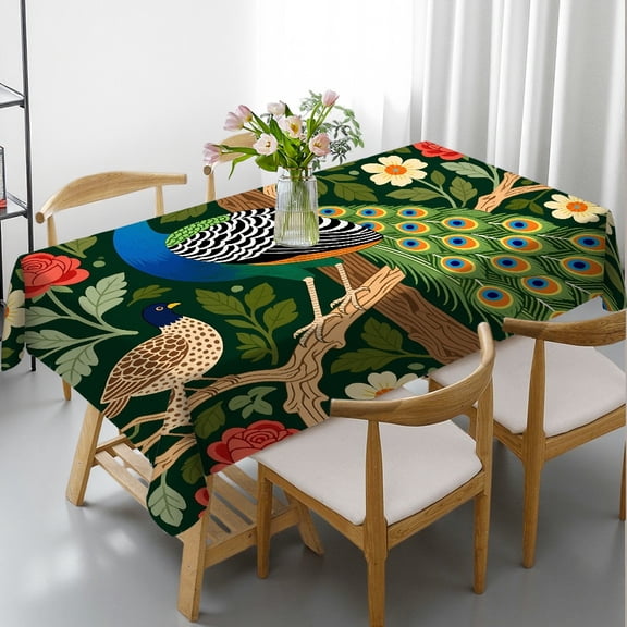 Rectangular Tablecloth - Green Forest Animals Peacocks Print, 2D Flat Printing Kitchen Accessories Tablecloths for dining table, Cafe, dinner,picnic, party