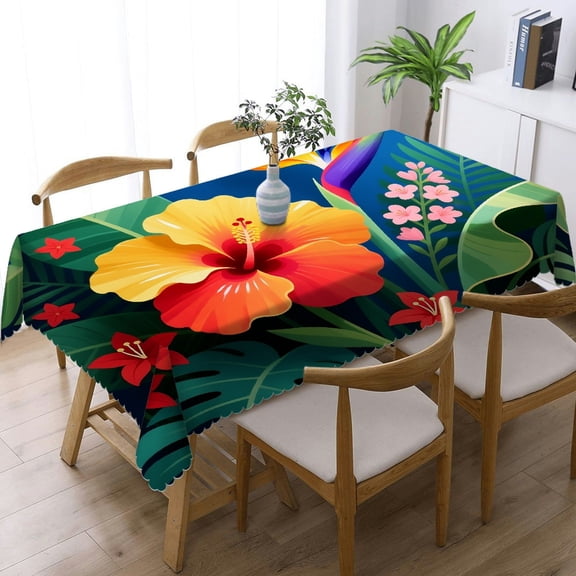 Rectangular Tablecloth - Hawaiian Tropical Flowers Print, Kitchen Accessories Festive Table Setting Tablecloths for dining table, Cafe, dinner, picnic