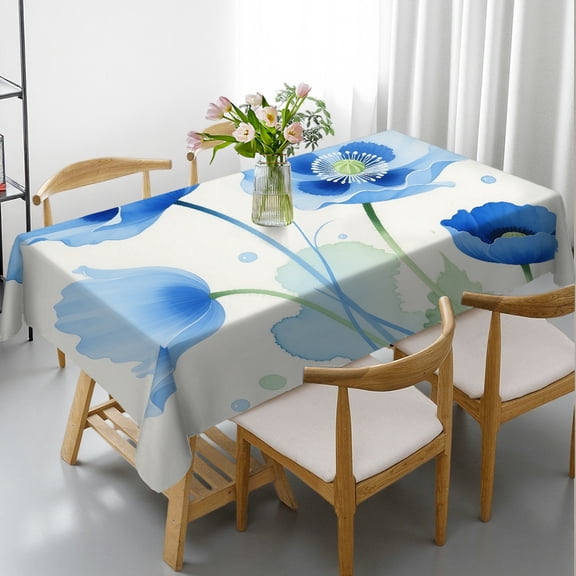 Rectangular Tablecloth - Light Blue Gold Floral Print, 2D Flat Printing Polyester Tablecloths Tablecloths rectangle, Cafe, dinner,picnic, wedding, party