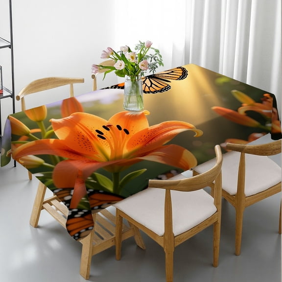Rectangular Tablecloth - Orange Floral Dream Spring Blossom Beautiful Butterflies Wings Garden Print, Festive Table Setting Tablecloths rectangle , Cafe, dinner, picnic, party
