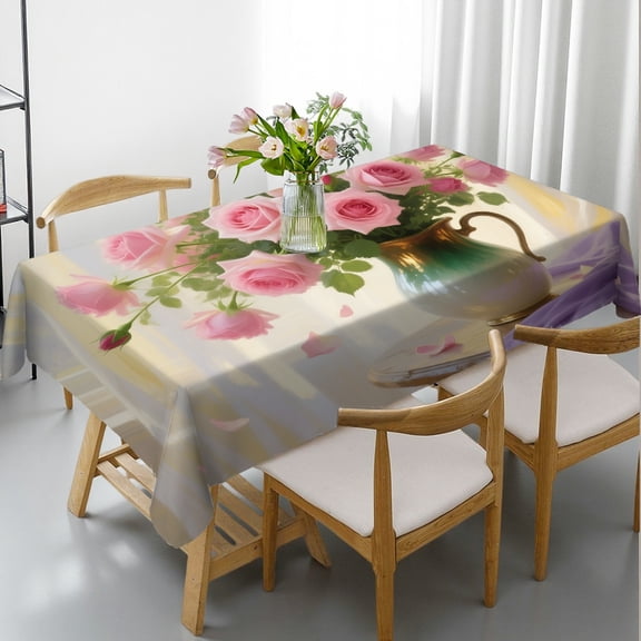Rectangular Tablecloth - Pink Rose Peony  Print, Kitchen Accessories Machine-Made Tablecloths for dining table, Cafe, dinner,picnic, wedding, party