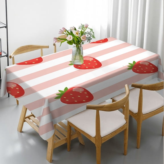 Rectangular Tablecloth - Pink Striped Strawberry Pattern Print, Machine-Made Festive Table Setting Tablecloths for dining table, Cafe, dinner, brunch, buffet, picnic