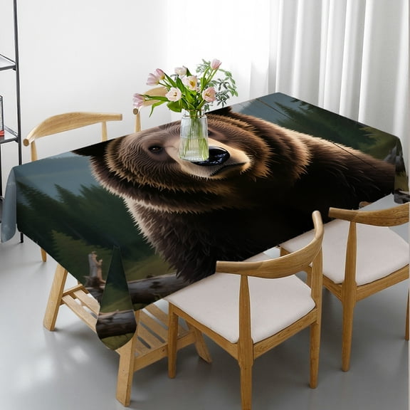 Rectangular Tablecloth - Rustic Forest Bear Print, 2D Flat Printing Festive Table Setting Tablecloths for dining table, Cafe, dinner, picnic,