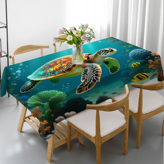 Rectangular Tablecloth - Sea Turtle Print, Polyester Tablecloths 2D Flat Printing Tablecloths rectangle tables large size, Cafe, dinner, brunch, buffet, picnic