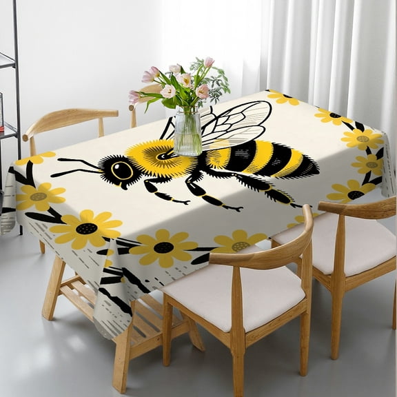 Rectangular Tablecloth - Spring Honey Bee Daisy Flowers Print, Holiday-Themed Design Machine-Made Tablecloths rectangle , Cafe, dinner, picnic,