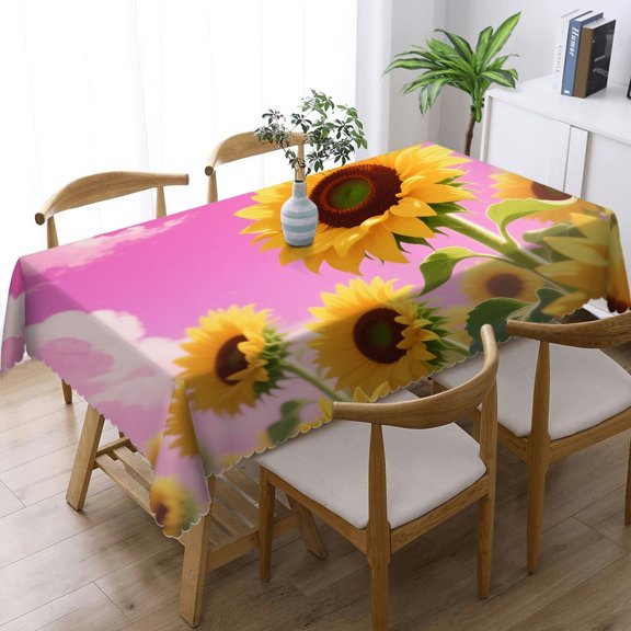 Rectangular Tablecloth - Sunflower with Pink Cloud and Butterfly Print, Polyester Tablecloths Holiday-Themed Design Tablecloths rectangle , Cafe, dinner, brunch, buffet, picnic