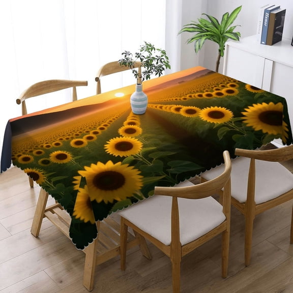 Rectangular Tablecloth - Sunrise in Field Landscape Print, Polyester Tablecloths Printing with lace trim Tablecloths rectangle , Cafe, dinner, picnic