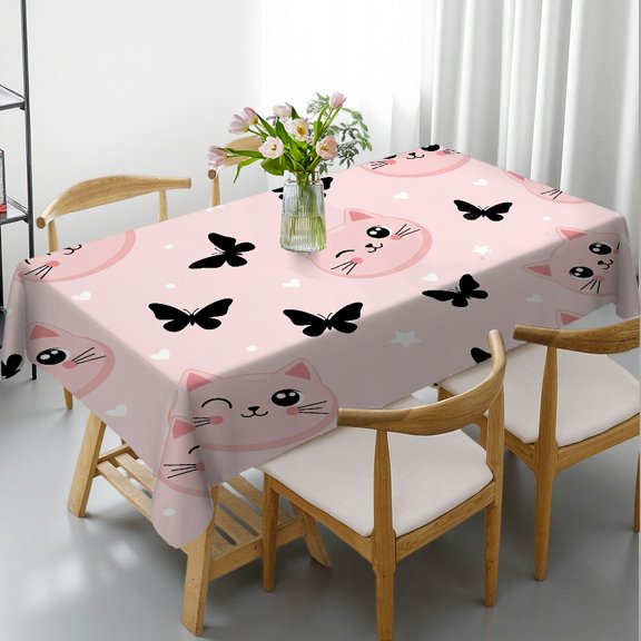 Rectangular Tablecloth - Sweet Cat Butterfly Drip Print, Holiday Party Tablecloth 2D Flat Printing Tablecloths for dining table, Cafe, dinner, brunch, buffet, picnic