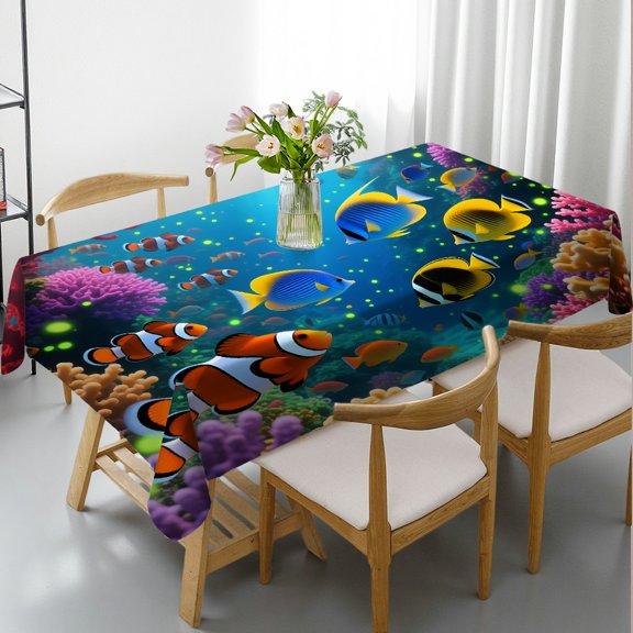 Rectangular Tablecloth - Tropical Colorful Sea Fish Print, Machine-Made Kitchen Accessories Tablecloths for dining table, Cafe, dinner,picnic, wedding, party