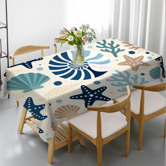 Rectangular Tablecloth - Turquoise Navy Blue Beachy Nautical Summer Print, Machine-Made Holiday-Themed Design Tablecloths for dining table, Cafe, dinner, brunch, buffet, picnic