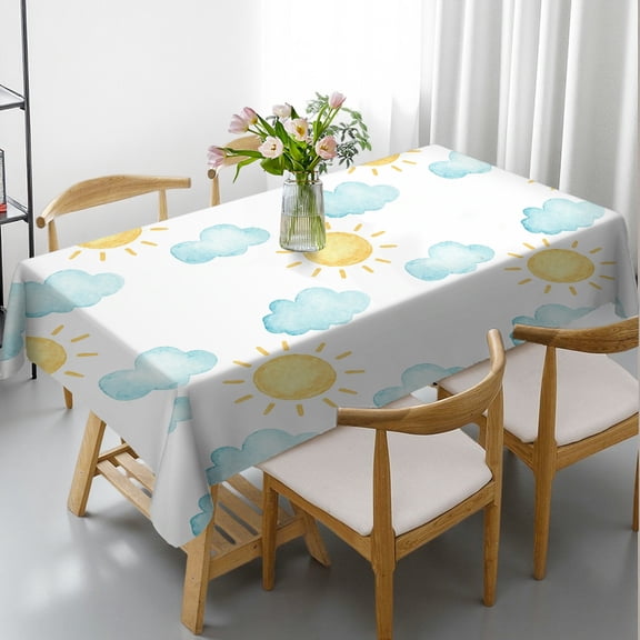 Rectangular Tablecloth - Watercolor Sun & Clouds Print,  Holiday-Themed Design Holiday Party Tablecloth Tablecloths rectangle tables large size, Cafe, dinner, brunch, buffet, picnic