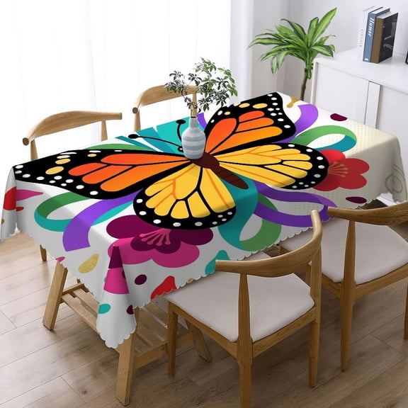 Rectangular Tablecloth - butterfly on a colorful flower Print, Polyester Tablecloths with lace trim Tablecloths for dining table, Cafe, dinner, brunch, buffet, picnic
