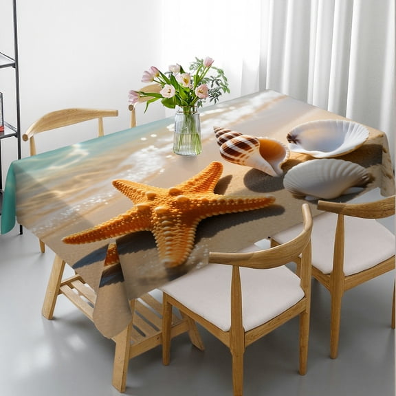 Rectangular Tablecloth - starfish and seashell on the summer beach Print, Festive Table Setting  Holiday-Themed Design Tablecloths rectangle tables large size, Cafe, dinner, brunch, buffet, picnic