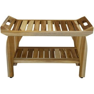 Rectangular Teak Shower Bench with Shelf and Handles in Brown Finish Rectangular Teak Shower Bench with Shelf and Handles in Brown Finish