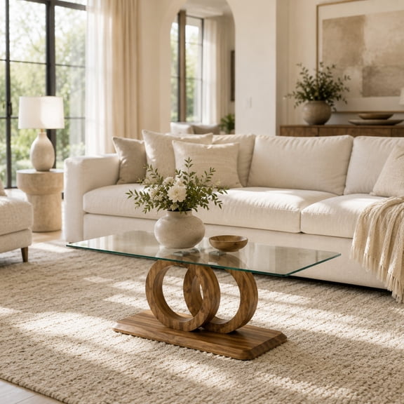 Rectangular Tempered Glass Coffee Table 47 Inch Modern Wood Grain MDF Legs for Living Room