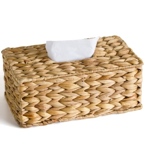 Rectangular Tissue Box Cover Compatible with 100-180 Sheets of Kleenex Water Hyacinth Rectangle Tissue Box Rattan Tissue Box Holder Rectangular,Hand Woven Wicker Tissue Holder