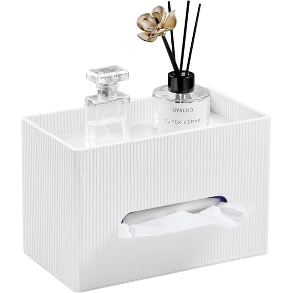 Rectangular Tissue Box Cover with Storage Tray, PU Leather Tissue Box Holder for Bathroom Vanity Countertop Night Stands Bedroom Office Desk (White)