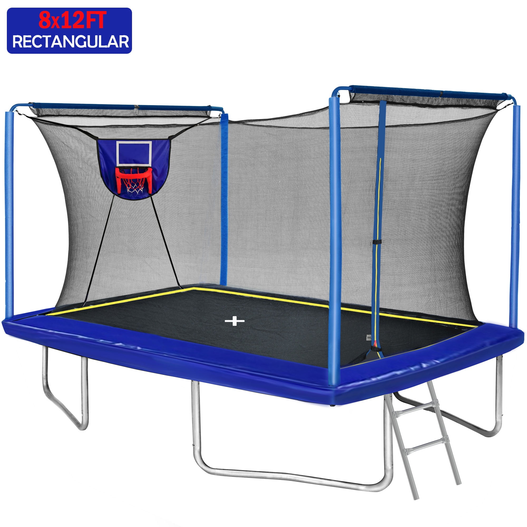 8FT x 12FT Rectangular Trampoline for Kids Large Size Trampoline with Basketball Set Outdoor Trampoline w Enclosure Net 4 Reinforced Supports for