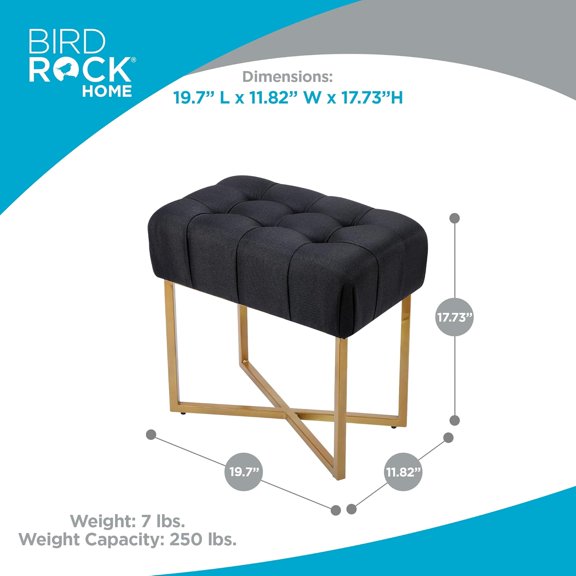 Rectangular Tufted Ottoman with Soft Padded Cushion - Versatile Foot Stool for Bedroom, Living Room - Compact Seating for Adults - Black with Pale Gold Metal Legs