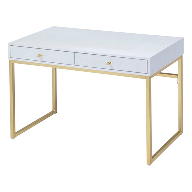 Rectangular Two Drawer Wooden Desk With Metal Sled Legs, White And Gold- Saltoro Sherpi