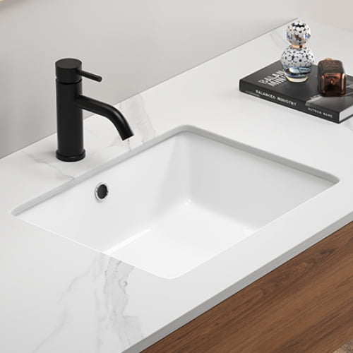 Rectangular Undermount Bathroom Sink, White Ceramic Lavatory Vanity Basin, With Overflow, High-Temp Fired, Cutting Template Included