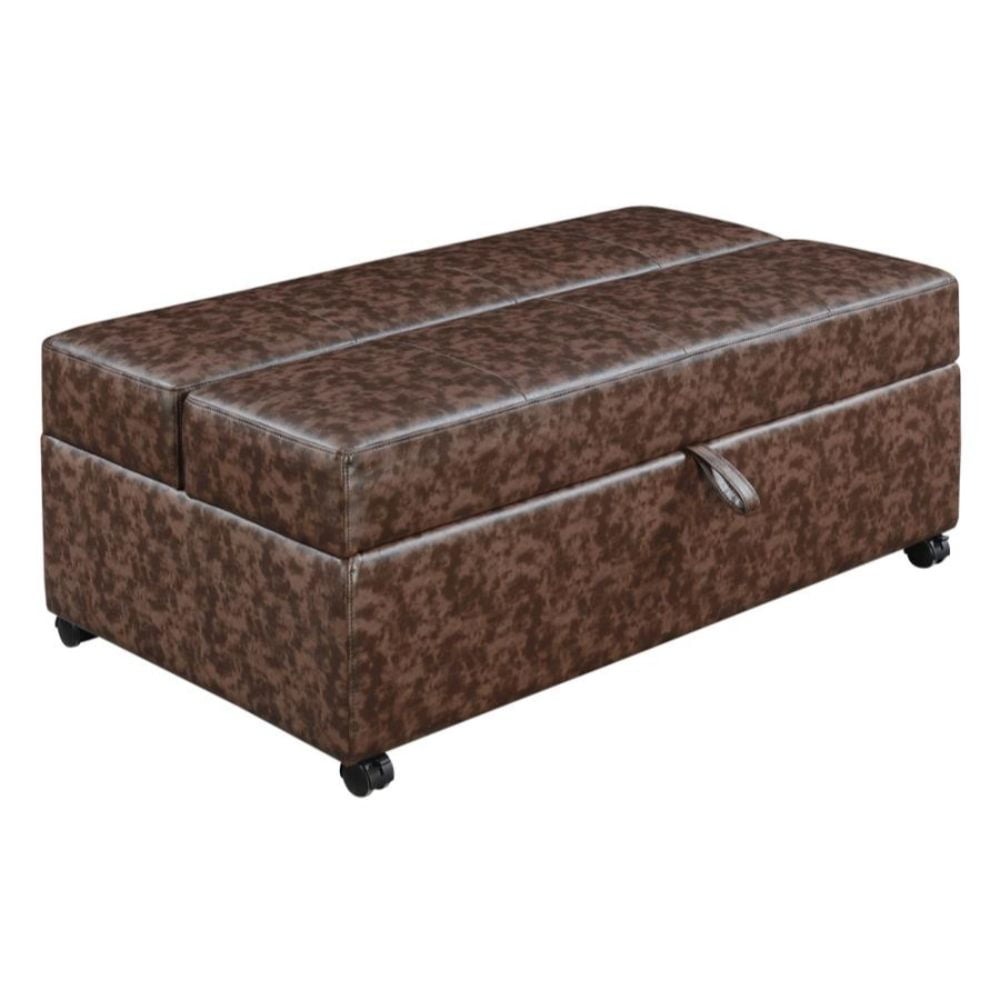 Dark Brown Tufted Leatherette Sleeper Ottoman with Casters