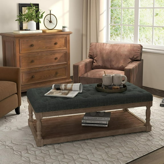 Rectangular Upholstered Tufted Linen Fabric Ottoman Bench, Padded Bench with Solid Wood Shelf-Linen, Comes with Storage, Coffee Table, Tufted Living Room Design(Dark Gray)