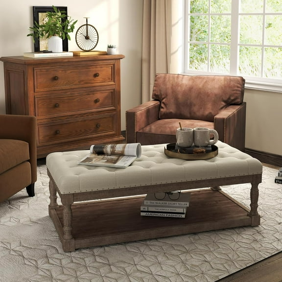 Rectangular Upholstered Tufted Linen Fabric Ottoman Bench, Padded Bench with Solid Wood Shelf-Linen, Comes with Storage, Coffee Table, Tufted Living Room Design(Ivory)
