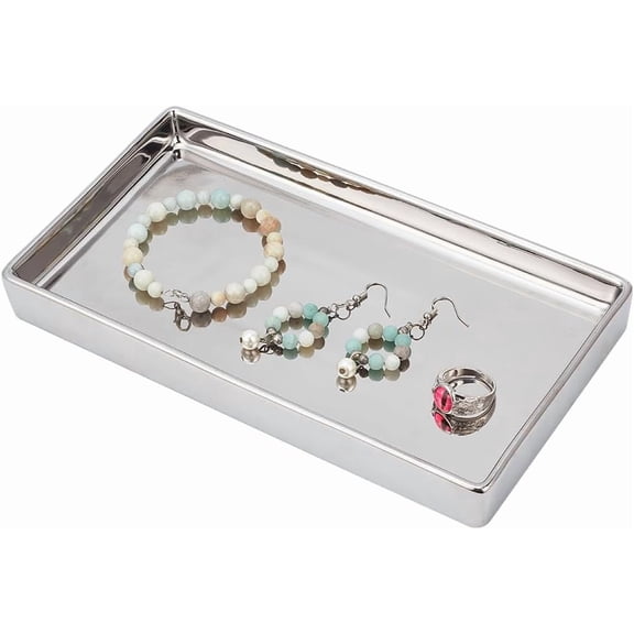 Rectangular Vanity Tray 8.7x4.8x1inch Ceramic Jewelry Dish Tray Bathroom Counter Tray for DIY Vanity Dresser Bathroom Countertop Living Room Kitchen Platinum