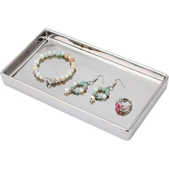 Rectangular Vanity Tray 8.7x4.8x1inch Ceramic Jewelry Dish Tray Bathroom Counter Tray for DIY Vanity Dresser Bathroom Countertop Living Room Kitchen Platinum