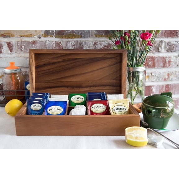 Rectangular Vauxhall Double Tea Box, Acacia Wood, Brown, 10 Compartment