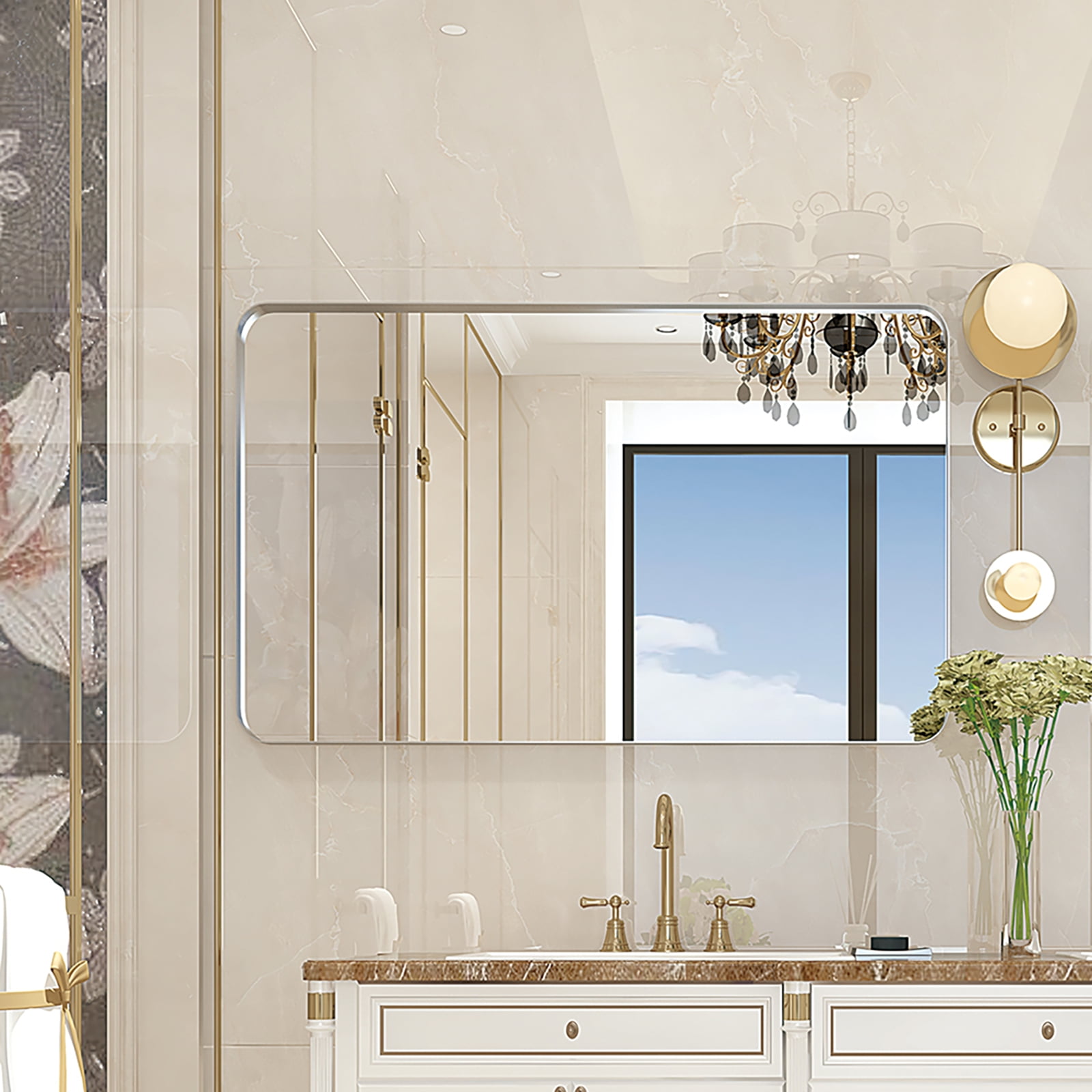 Rectangular Wall Mirror, Brushed Silver Metal Framed Rounded Corner ...