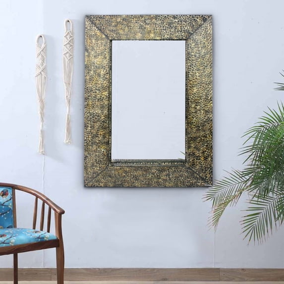 Rectangular Wall Mirror with Gravel Mosaic Border, Brown- Saltoro Sherpi