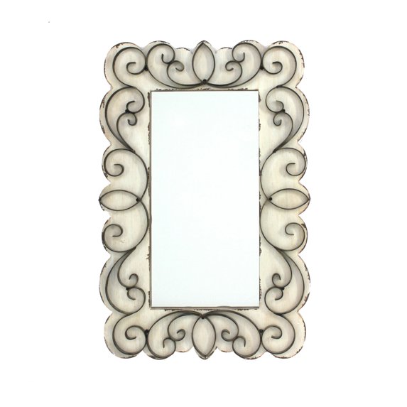 Rectangular Wall Mirror with Wooden Frame and Metal Scrolled edges, White- Saltoro Sherpi