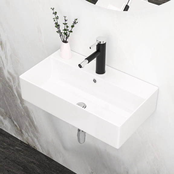 Rectangular Wall Mounted Bathroom Sink | Floating Design for More Space | Stain - Resistant Ceramic | Modernizes Bathroom Decor