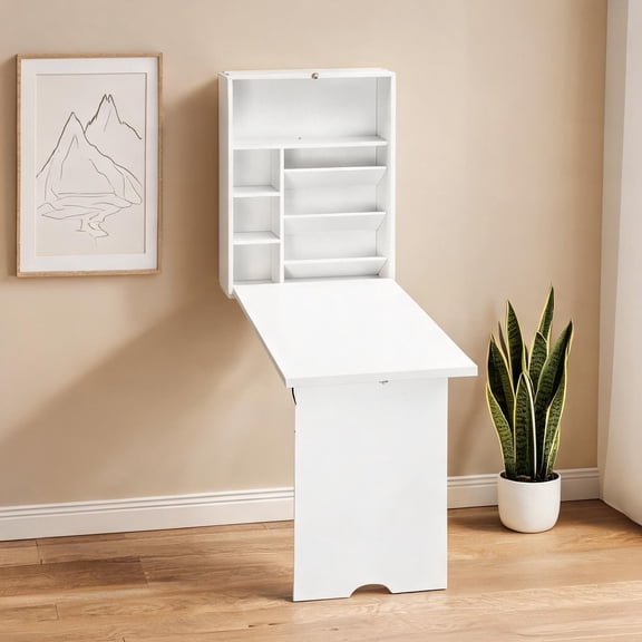 Rectangular Wall-Mounted Fold-Out Desk with Storage, MDF, White Finish, 37 W